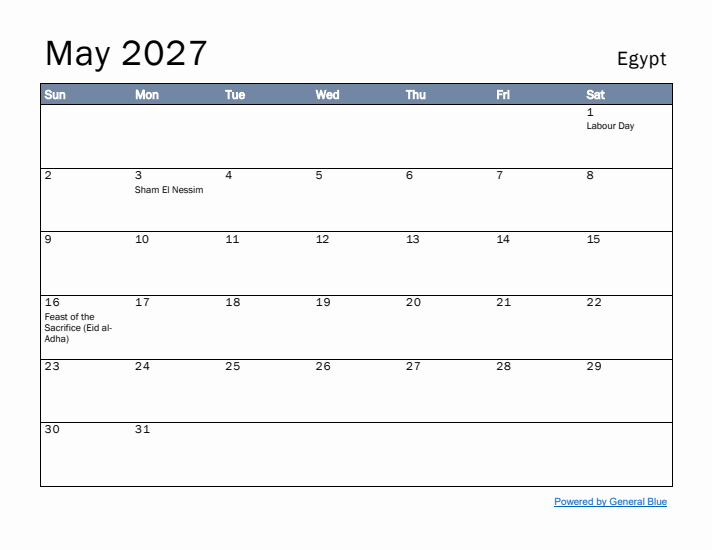 May 2027 Simple Monthly Calendar for Egypt