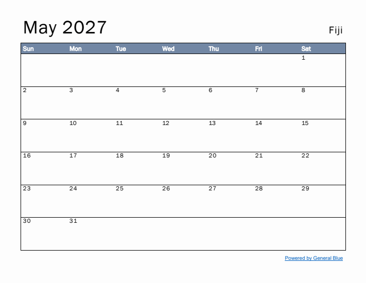 May 2027 Simple Monthly Calendar for Fiji