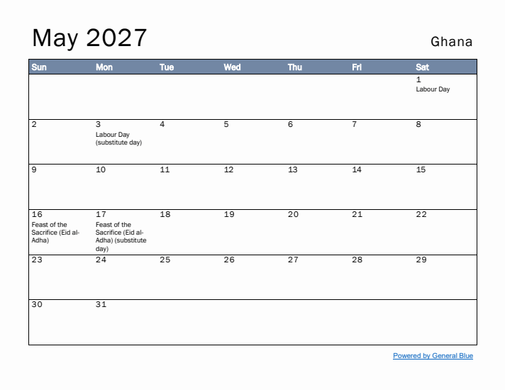 May 2027 Simple Monthly Calendar for Ghana
