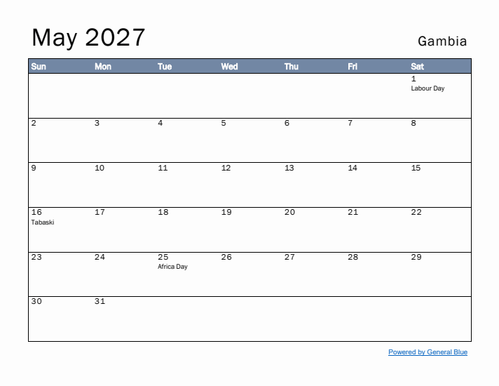 May 2027 Simple Monthly Calendar for Gambia