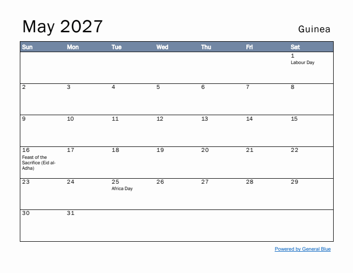 May 2027 Simple Monthly Calendar for Guinea
