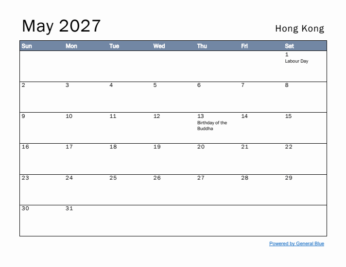 May 2027 Simple Monthly Calendar for Hong Kong