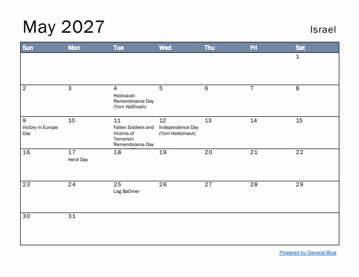May 2027 Simple Monthly Calendar for Israel