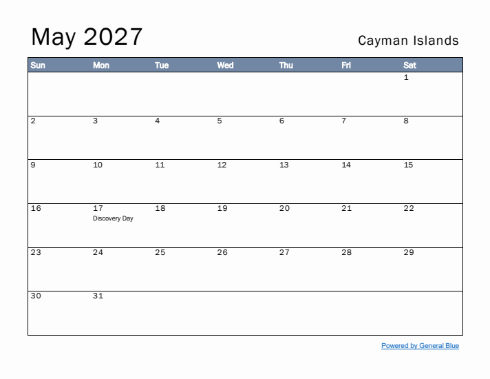 May 2027 Simple Monthly Calendar for Cayman Islands