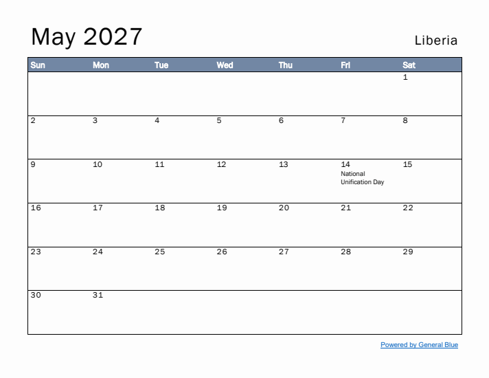 May 2027 Simple Monthly Calendar for Liberia