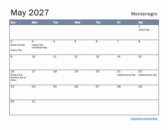 May 2027 Simple Monthly Calendar for Montenegro