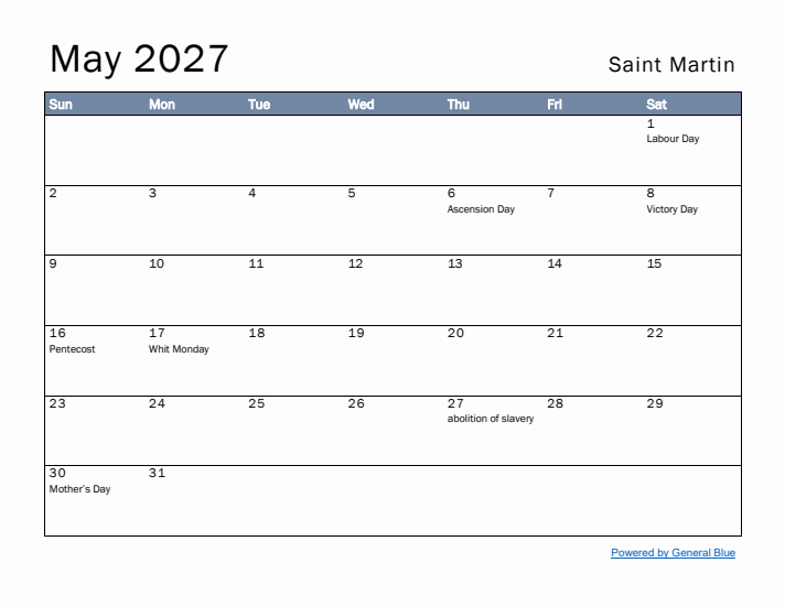 May 2027 Simple Monthly Calendar for Saint Martin