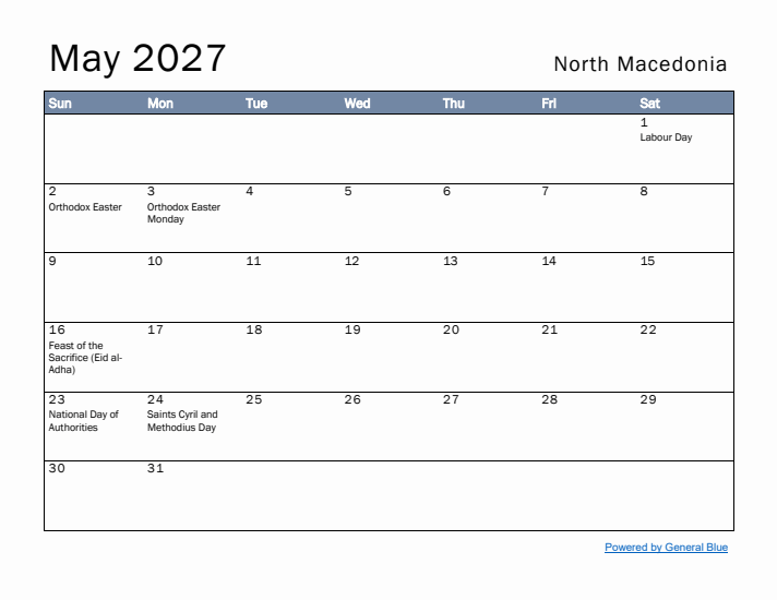 May 2027 Simple Monthly Calendar for North Macedonia