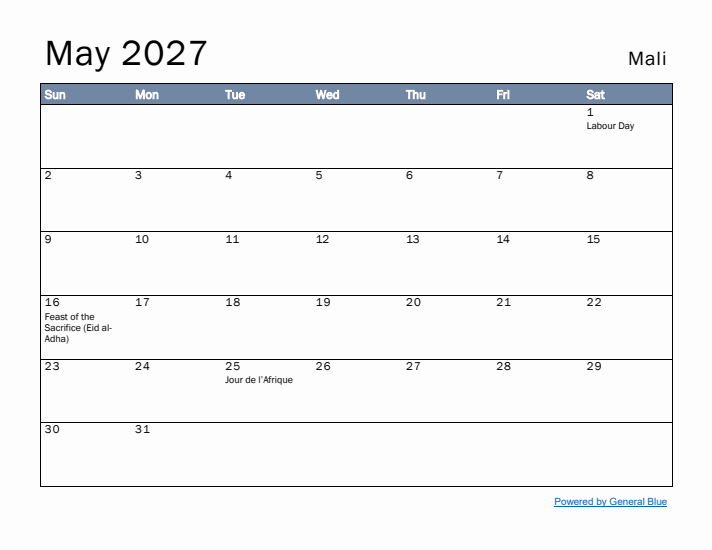 May 2027 Simple Monthly Calendar for Mali