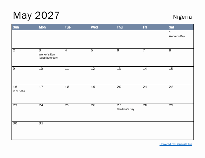 May 2027 Simple Monthly Calendar for Nigeria