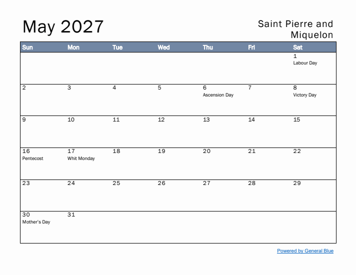 May 2027 Simple Monthly Calendar for Saint Pierre and Miquelon