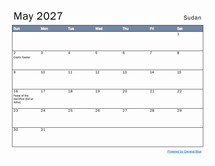 May 2027 Simple Monthly Calendar for Sudan