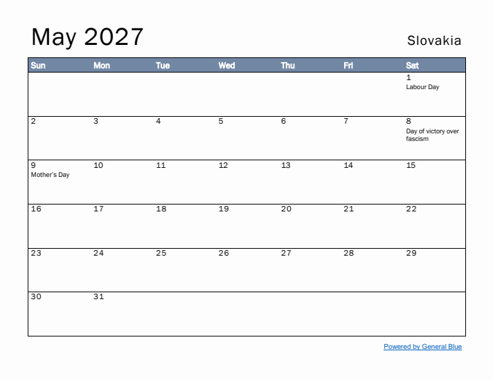 May 2027 Simple Monthly Calendar for Slovakia