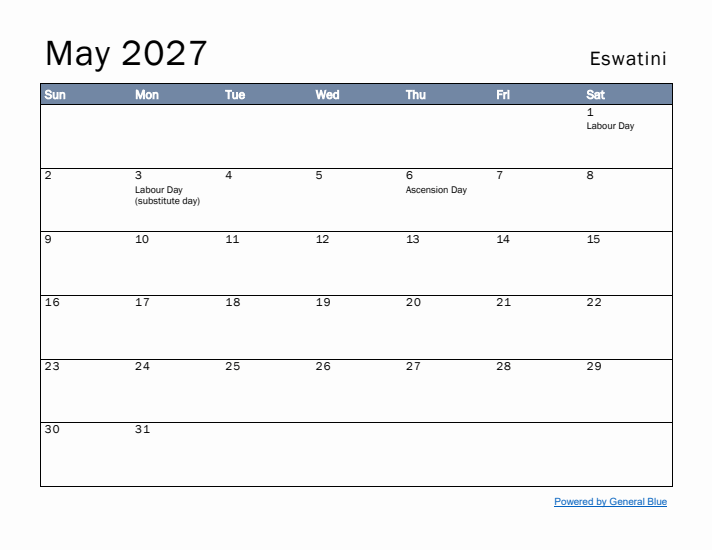 May 2027 Simple Monthly Calendar for Eswatini