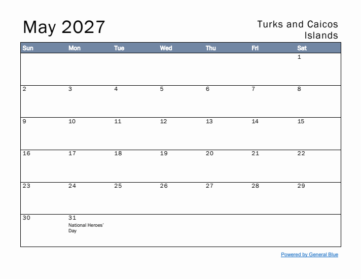 May 2027 Simple Monthly Calendar for Turks and Caicos Islands