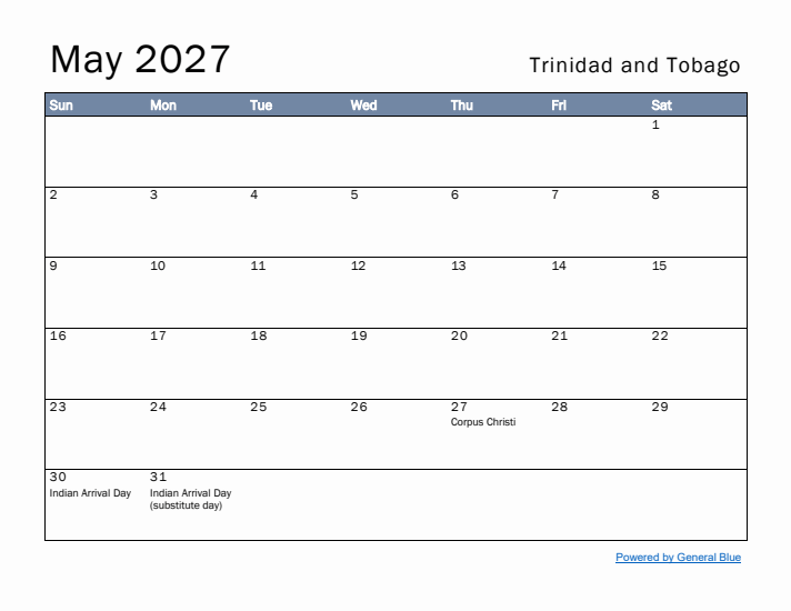 May 2027 Simple Monthly Calendar for Trinidad and Tobago