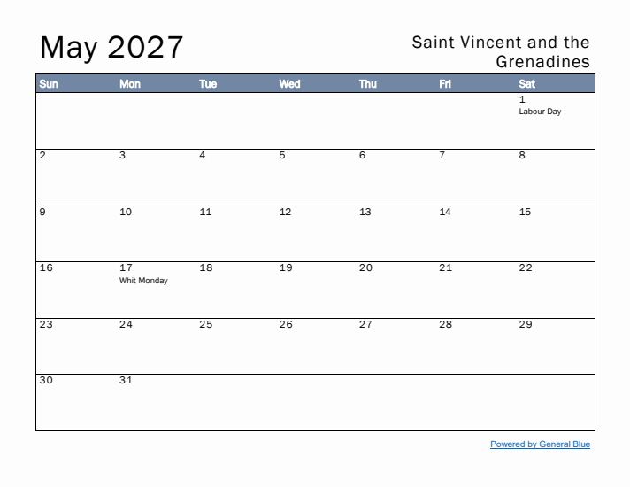May 2027 Simple Monthly Calendar for Saint Vincent and the Grenadines