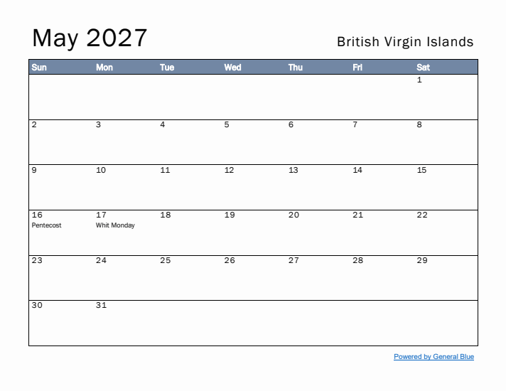 May 2027 Simple Monthly Calendar for British Virgin Islands