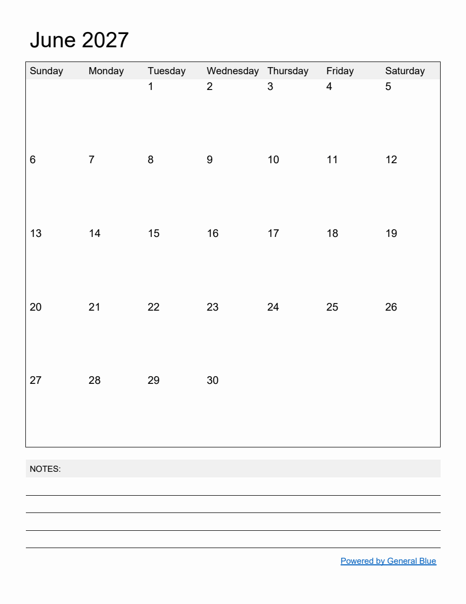 Free Printable Monthly Calendar for June 2027