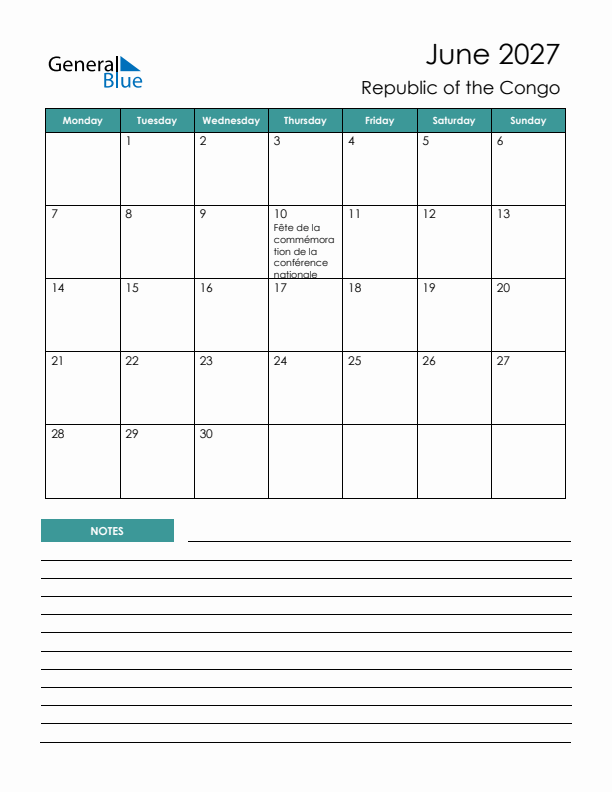 Calendar with Notes Printable - Monday Start