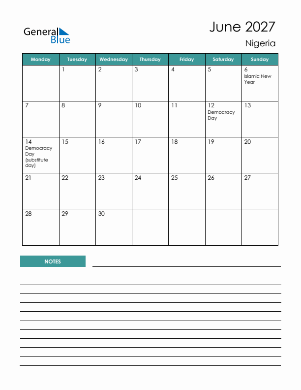 Calendar with Notes Printable - Monday Start