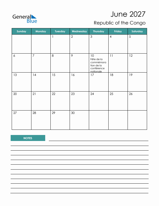 Calendar with Notes Printable - Sunday Start
