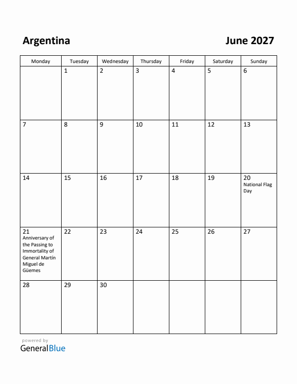 June 2027 Calendar with Argentina Holidays