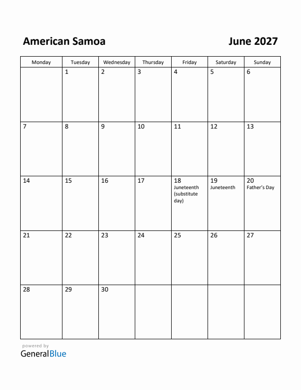 June 2027 Calendar with American Samoa Holidays