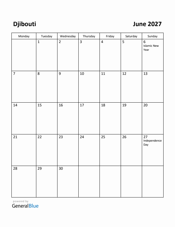 June 2027 Calendar with Djibouti Holidays