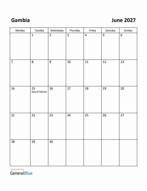June 2027 Calendar with Gambia Holidays