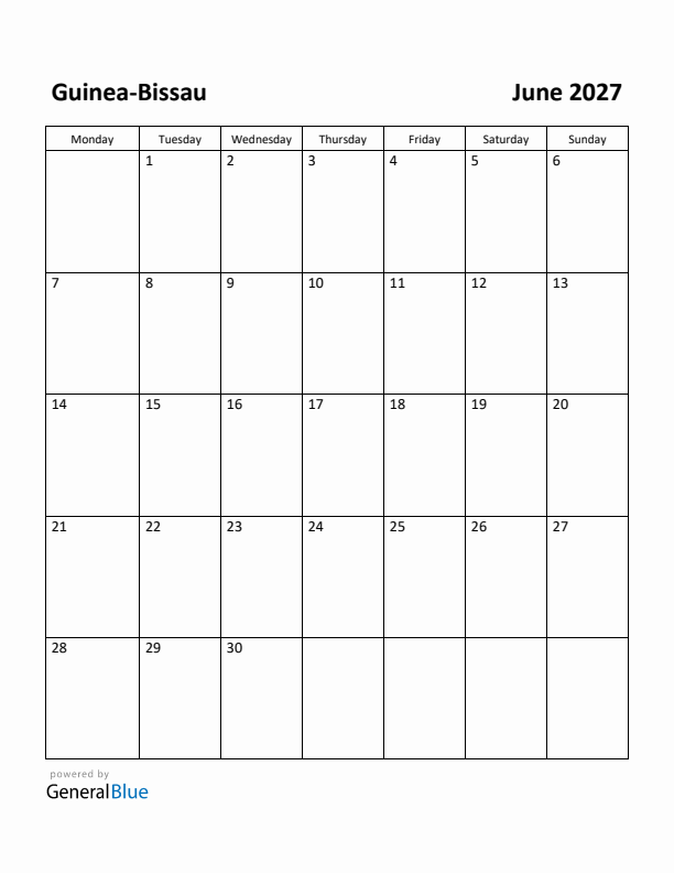 June 2027 Calendar with Guinea-Bissau Holidays