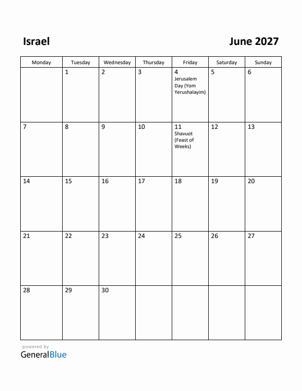 June 2027 Calendar with Israel Holidays