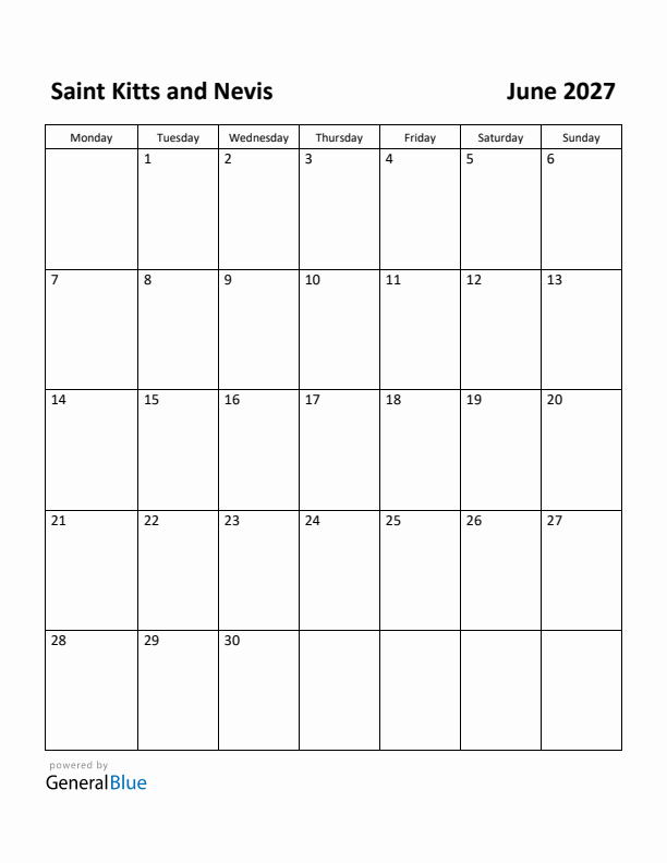 June 2027 Calendar with Saint Kitts and Nevis Holidays