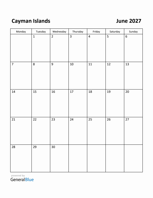 June 2027 Calendar with Cayman Islands Holidays