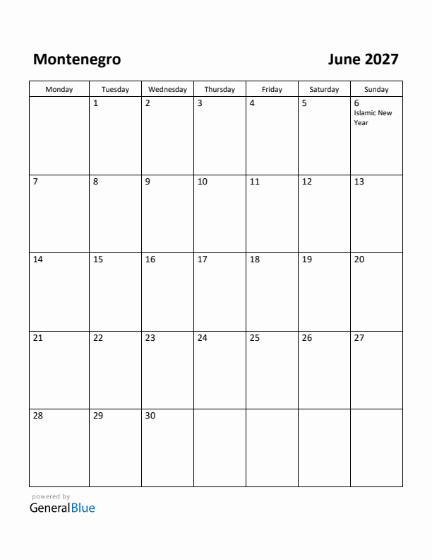 June 2027 Calendar with Montenegro Holidays