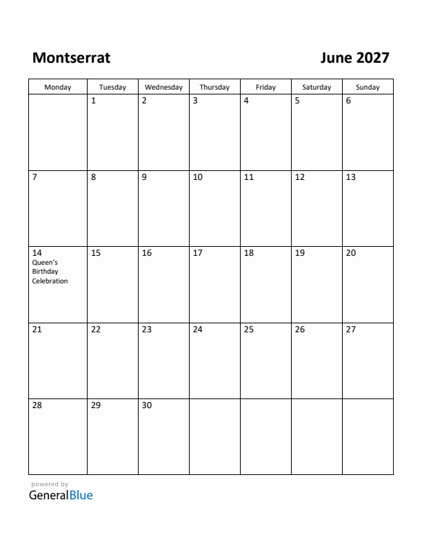 June 2027 Calendar with Montserrat Holidays