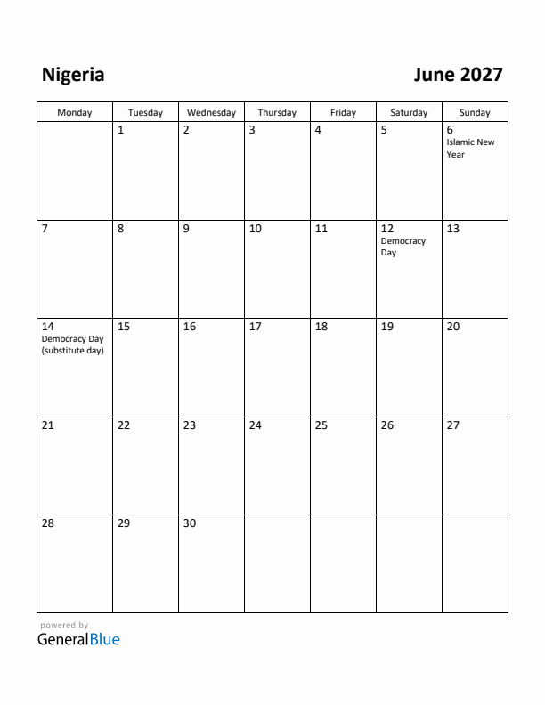 June 2027 Calendar with Nigeria Holidays
