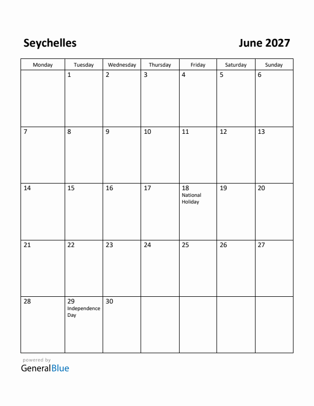 June 2027 Calendar with Seychelles Holidays