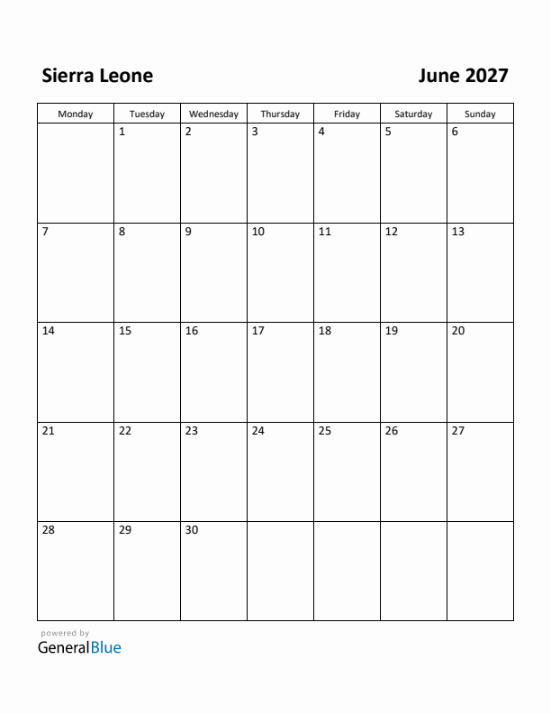 June 2027 Calendar with Sierra Leone Holidays
