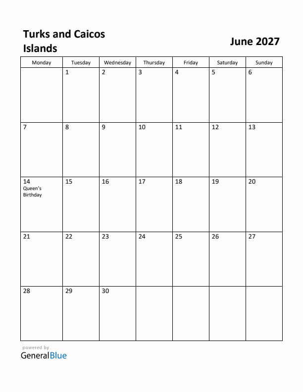 June 2027 Calendar with Turks and Caicos Islands Holidays