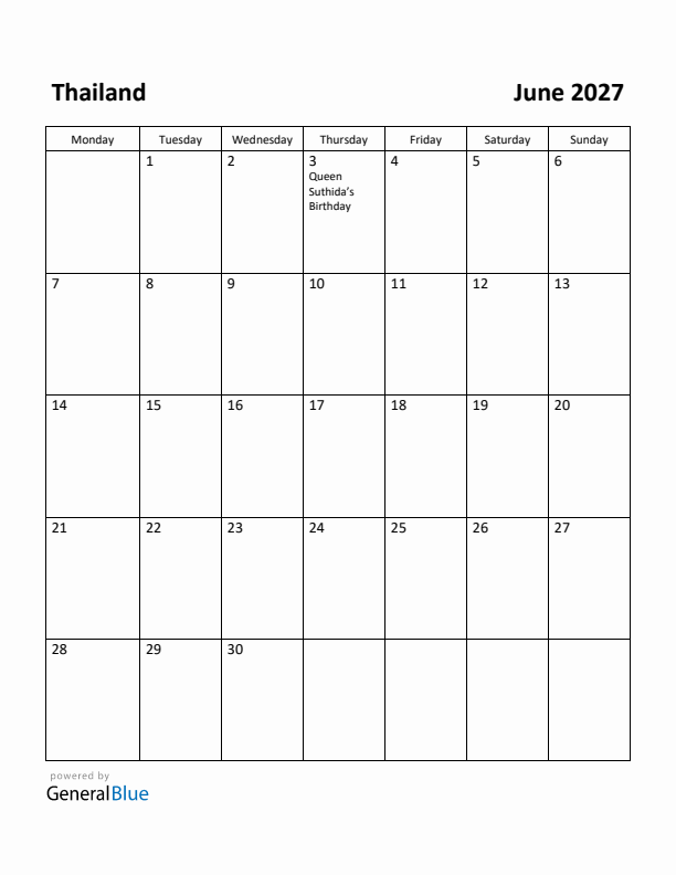 June 2027 Calendar with Thailand Holidays