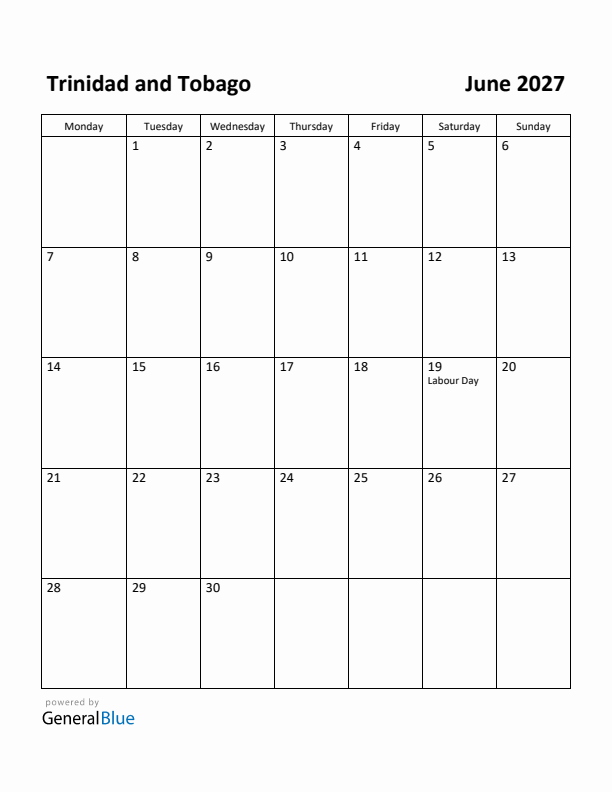 June 2027 Calendar with Trinidad and Tobago Holidays
