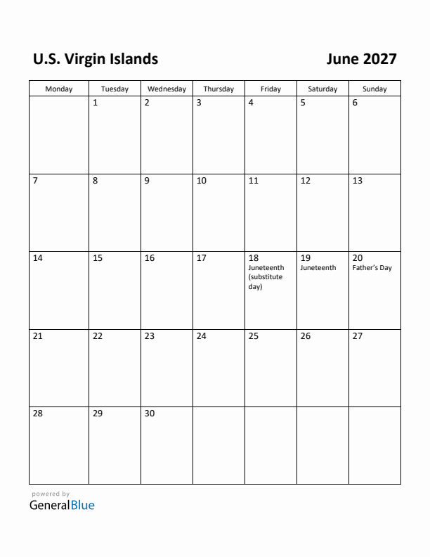 June 2027 Calendar with U.S. Virgin Islands Holidays