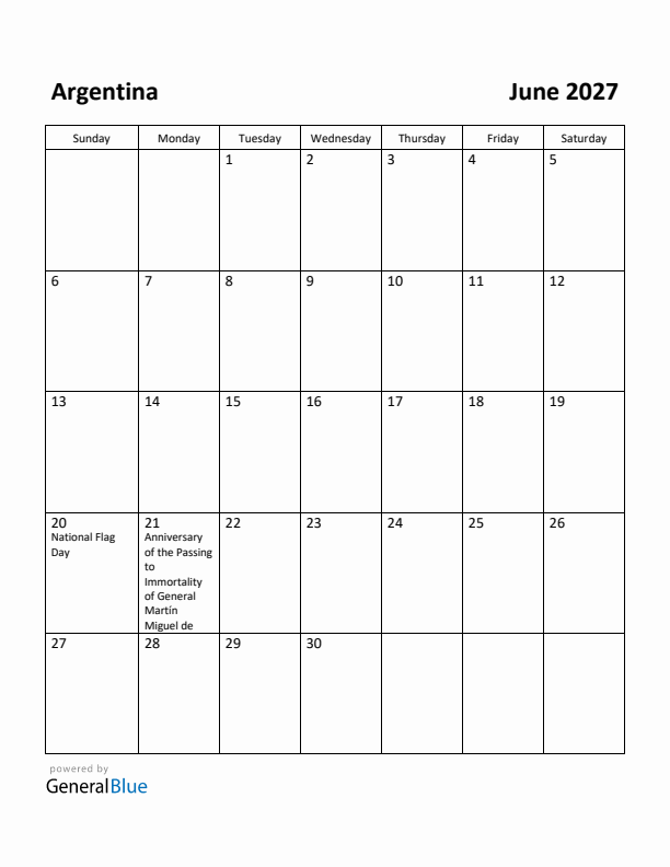 June 2027 Calendar with Argentina Holidays