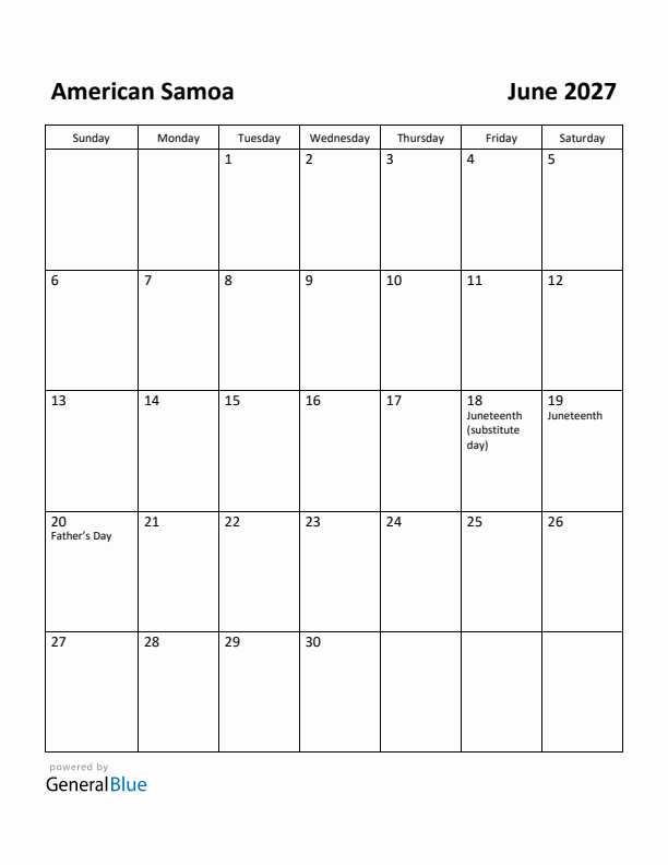 June 2027 Calendar with American Samoa Holidays
