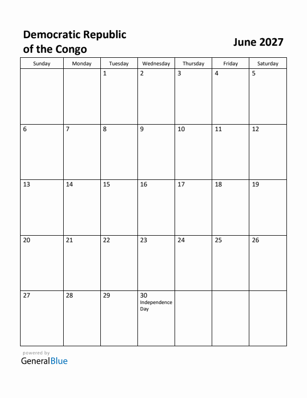 June 2027 Calendar with Democratic Republic of the Congo Holidays