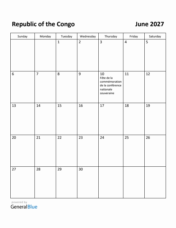 June 2027 Calendar with Republic of the Congo Holidays