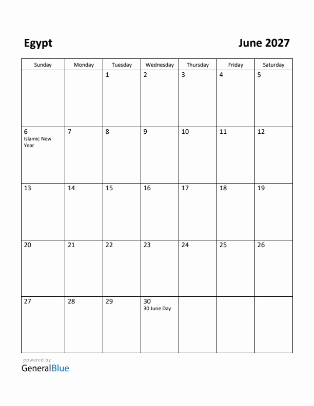 June 2027 Calendar with Egypt Holidays