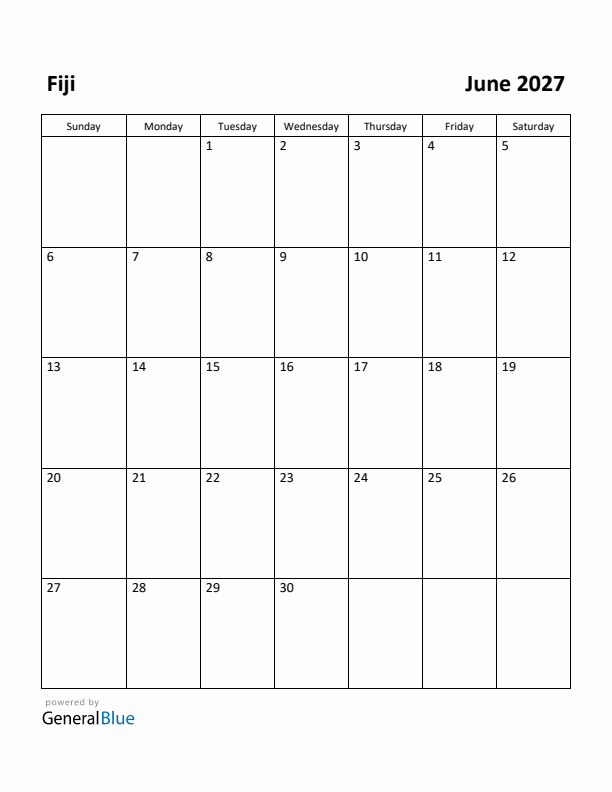 June 2027 Calendar with Fiji Holidays