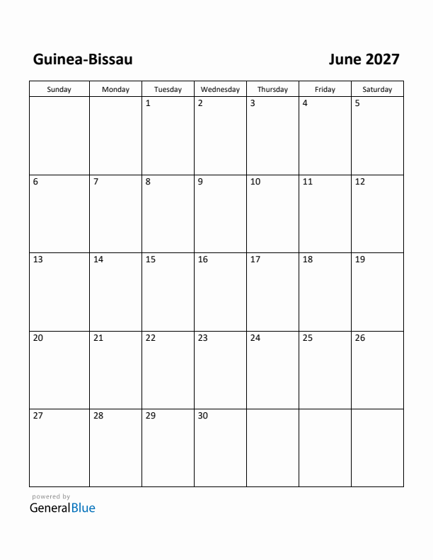 June 2027 Calendar with Guinea-Bissau Holidays